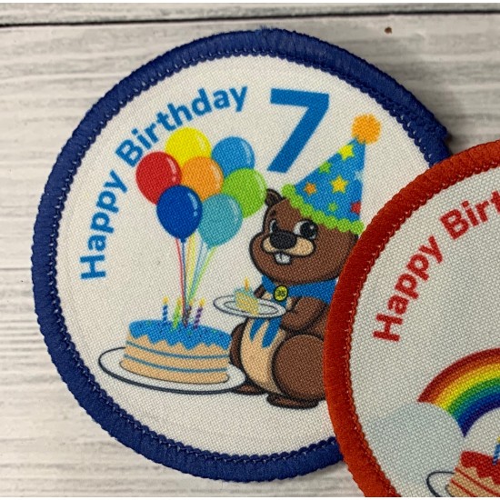 Printed 8cm Beaver Birthday Badge, customise text and number