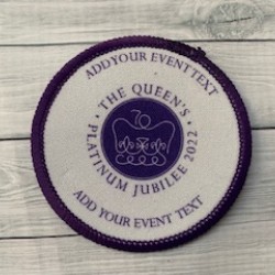 Printed 8cm Commemoration Jubilee badge, Platinum, edge text personalise me.