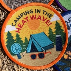 Printed 8cm Camped in a heatwave badge- DRY GRASS  